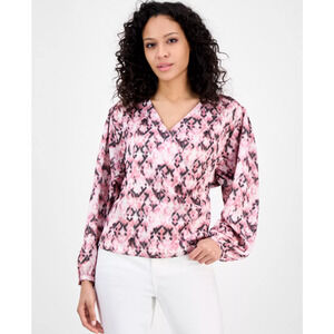 BOSS Orange Women's Printed Long-Sleeve V-Neck Blouse Blush Pink Size L 17078